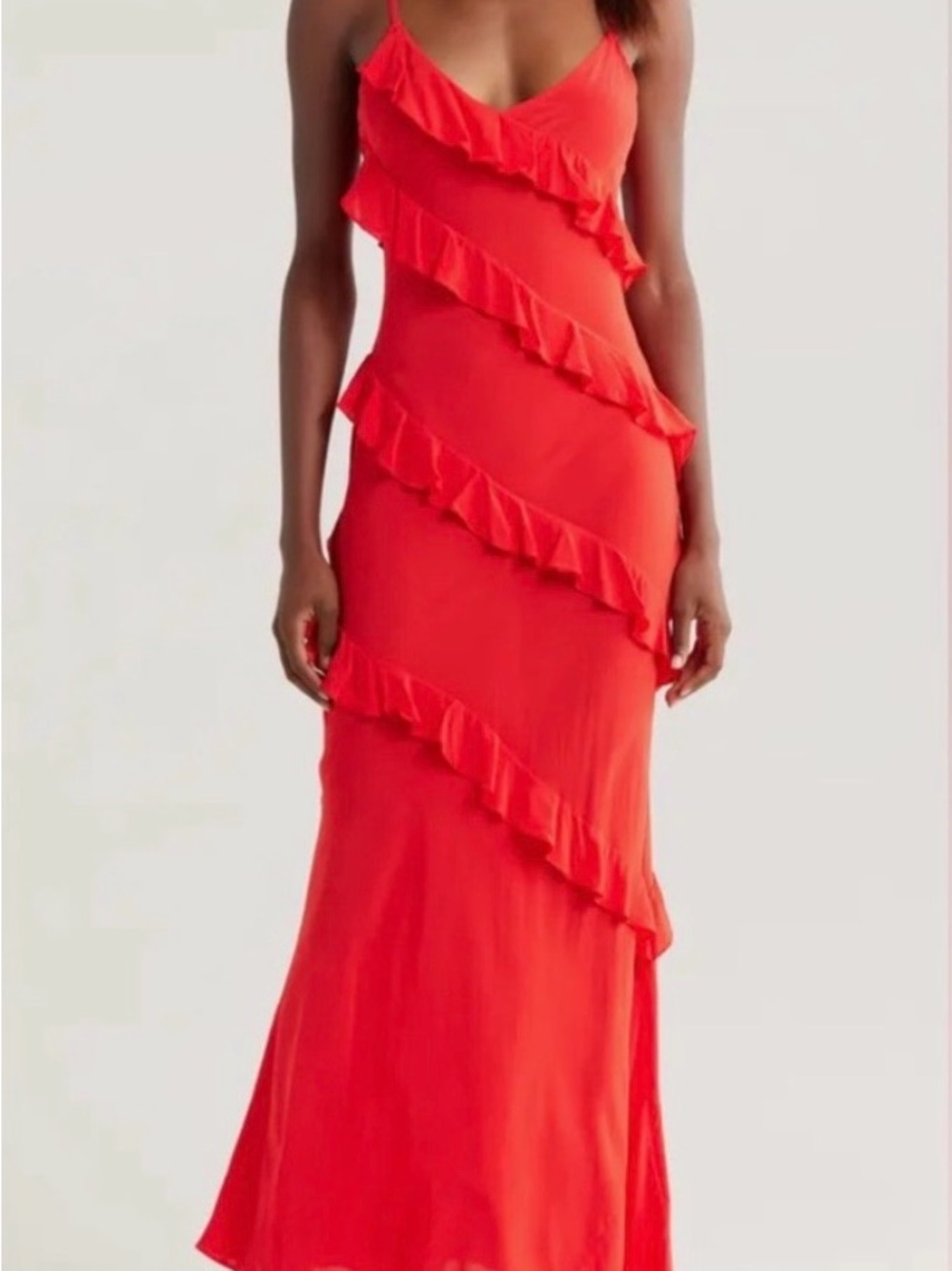 Good American Red Diagonal Ruffle Maxi Slip Dress